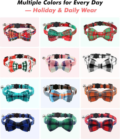 Upgraded Cat Collar with Bells, Breakaway Cat Collars with Bow Tie, 1 Pack Girl Boy Safety Plaid Kitten Collars, Blue
